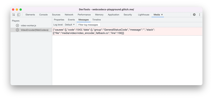 用于调试WebCodecs的Media Panel的屏幕截图